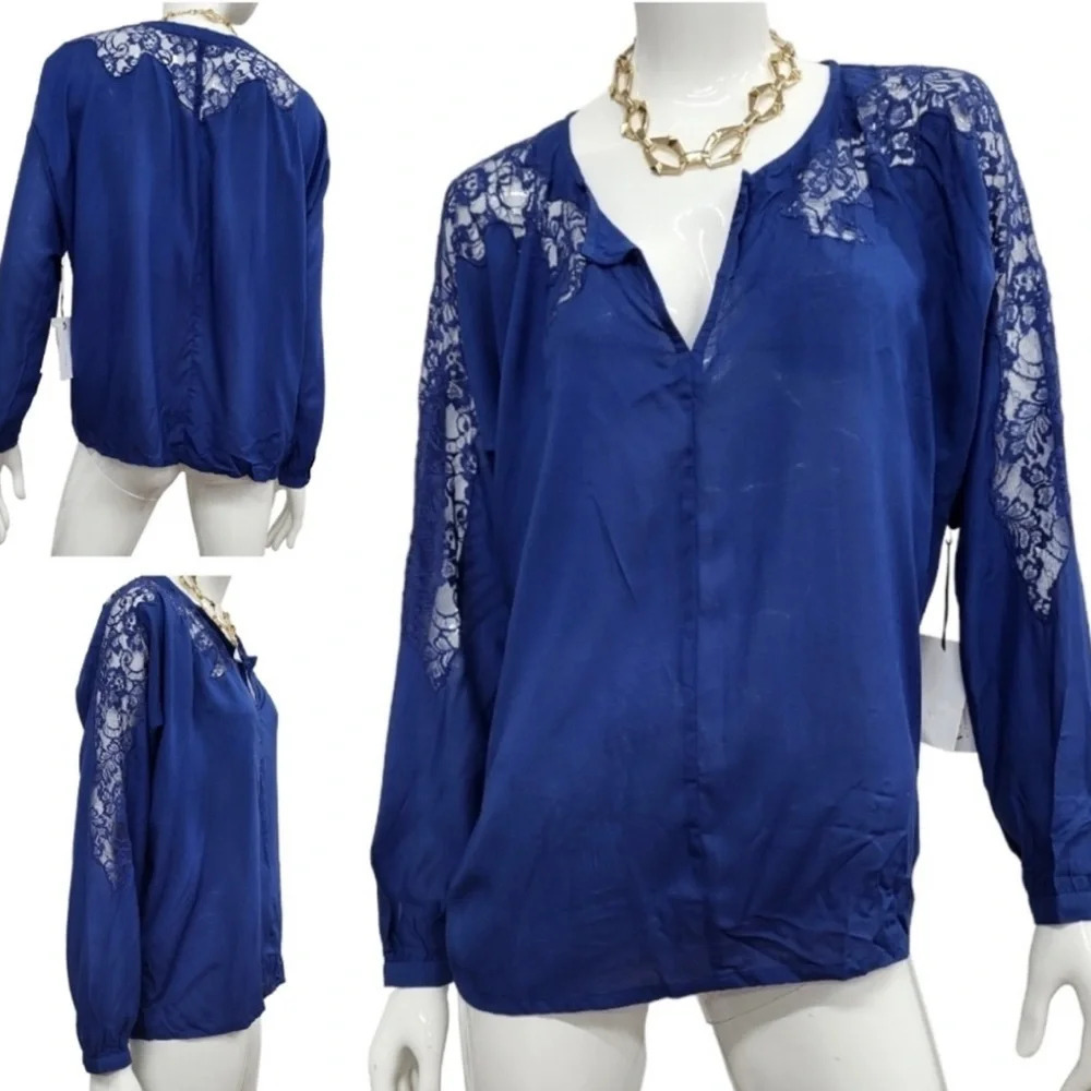 VELVET By Graham & Spencer Dark Blue Lace Long Sleeves Top BNWT S/M